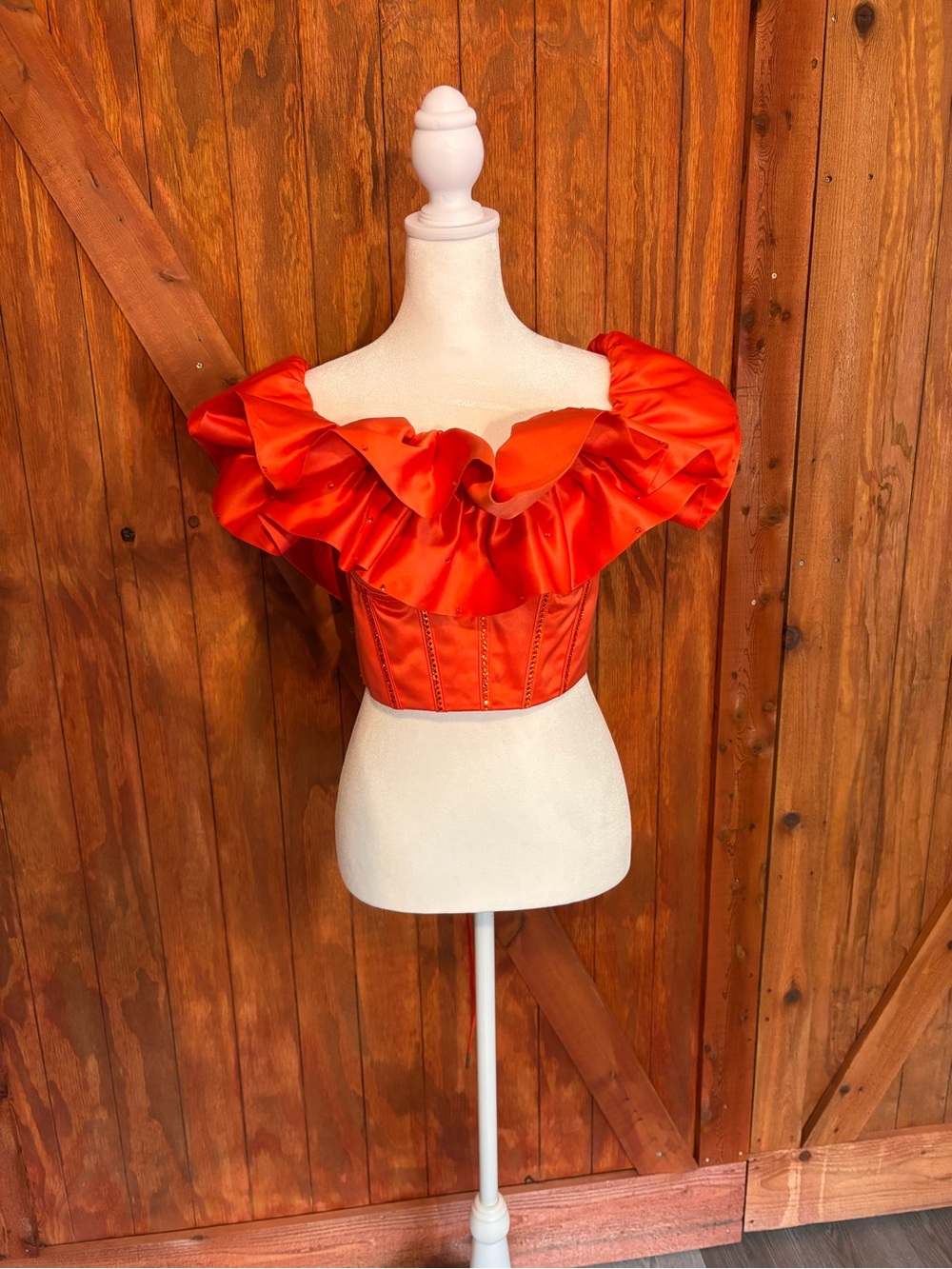 Red Off-Shoulder Ruffled Satin Crop Top - Picture 2 of 2